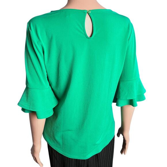 Adrianna Papell Crepe Bell Ruffle Sleeve Blouse S Kelly Green Preppy Romantic - Picture 3 of 5